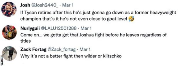 Fans react to Fury saying he will retire. With one saying if he does he wil won't be "even close to goat level"