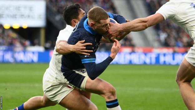 Finn Russell scoring a try in Scotland's Six Nations game against France earlier this year