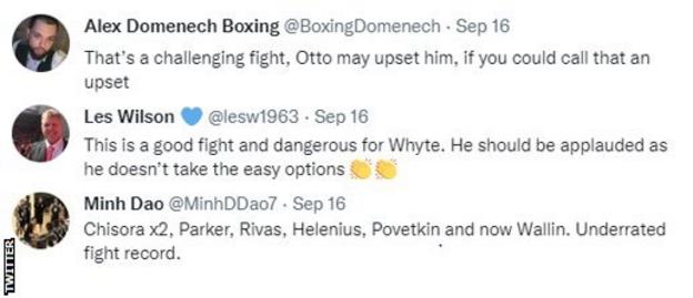 Fans on Twitter react to Whyte v Wallin, with one fan saying Whyte should be applauded for taking the fight