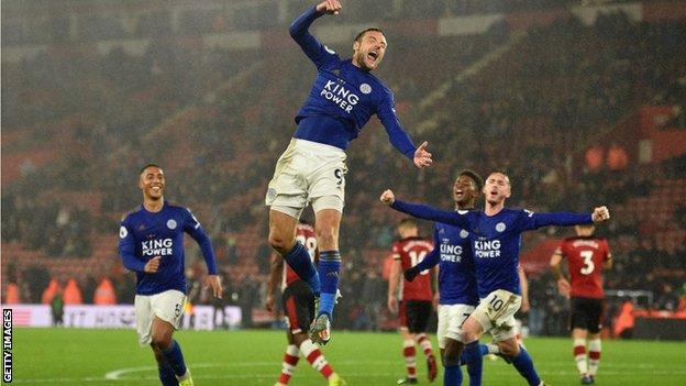 Jamie Vardy celebrates scoring his side's ninth goal against Southampton