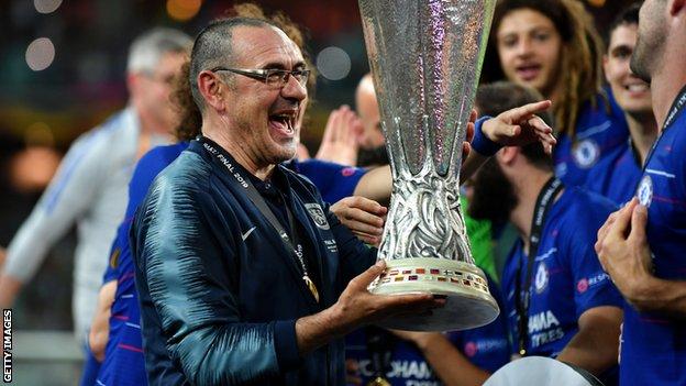 Chelsea manager Maurizio Sarri with the Europa League trophy
