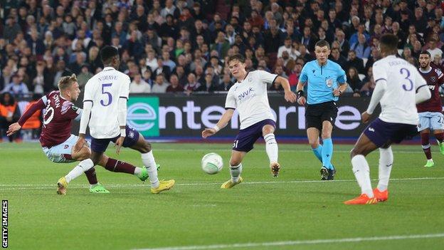 Jarrod Bowen scores for West Ham in the Europa Conerence League against Anderlecht