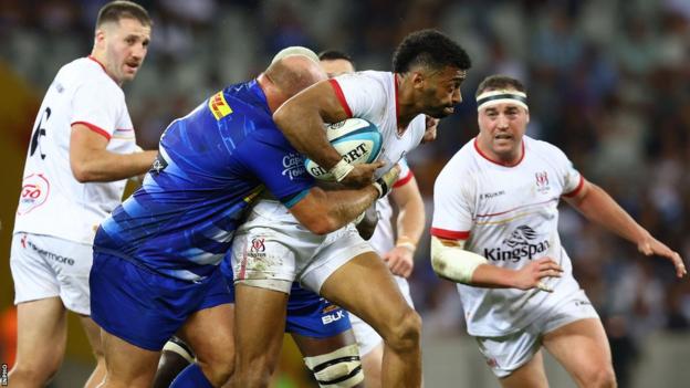 Robert Baloucoune is tackled by Brok Harris in last Saturday's game against the Stormers