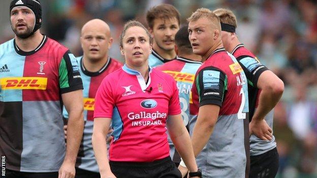 Sara Cox made history by becoming the first female to take charge of a Premiership game