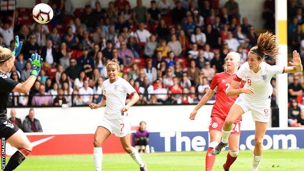 Jill Scott scores for England women against Denmark