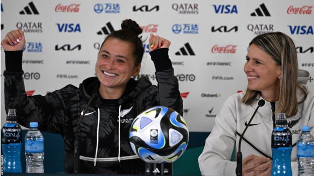 New Zealand's Ali Riley (left) with team coach Jitka Klimkova at a news conference before the first game of the 2023 Women's World Cup