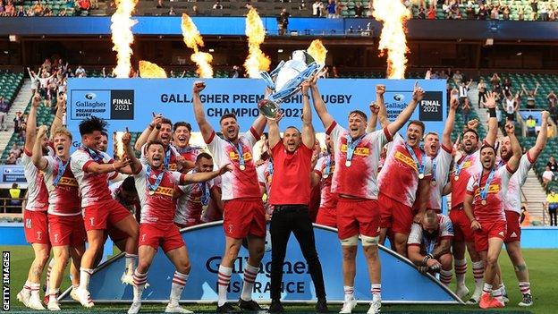 Harlequins lift the Premiership trophy after beating Exeter in the 2020-21 final