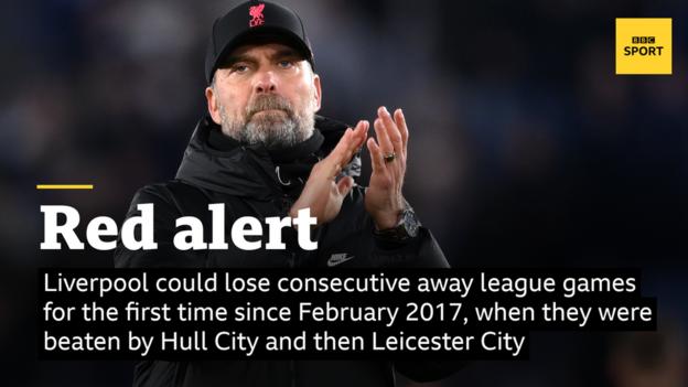 Liverpool pourrait perdre des matches de championnat consécutifs à l'extérieur pour la première fois depuis février 2017, lorsqu'ils ont été battus par Hull City puis Leicester City