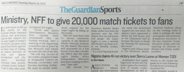 Nigeria's Guardian newspaper on the day of the game