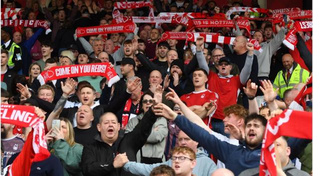 Nottingham Forest fans in the stands supporting their team