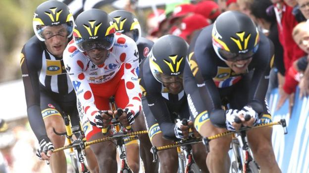 MTN at the 2015 Tour de France including Eritrea's Daniel Teklehaimanot wearing the polkadot jersey of the King of the Mountains