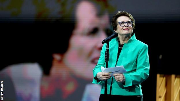 Billie Jean King gives a speech at the US Open in 2019