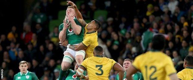 Ireland's Dan Leavy beats Israel Folau to a high ball during the second Test in Melbourne