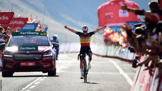 Belgian rider Remco Evenepoel celebrates winning the stage 14 of the 2023 La Vuelta