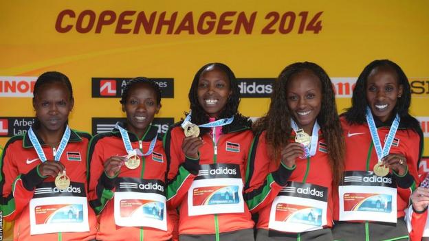 From left to right: : Lucy Wangui Kabuu, Mercy Jerotich Kibarus, Gladys Cherono, Mary Wacera Ngugi and Selly Chepyego Kaptich of Kenya celebrate winning the Gold medal for the team race during the IAAF/Al-Bank World Half Marathon Championships on March 29, 2014 in Copenhagen, Denmark.
