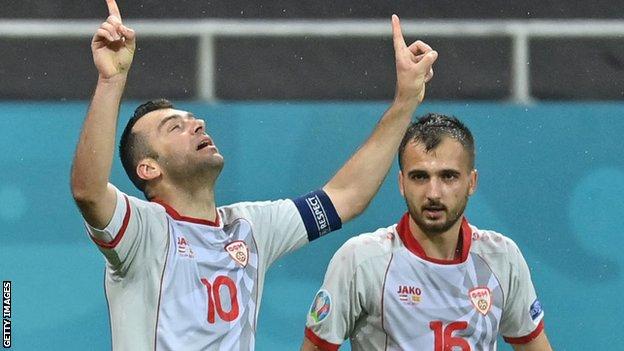 Goran Pandev celebrates scoring at Euro 2020