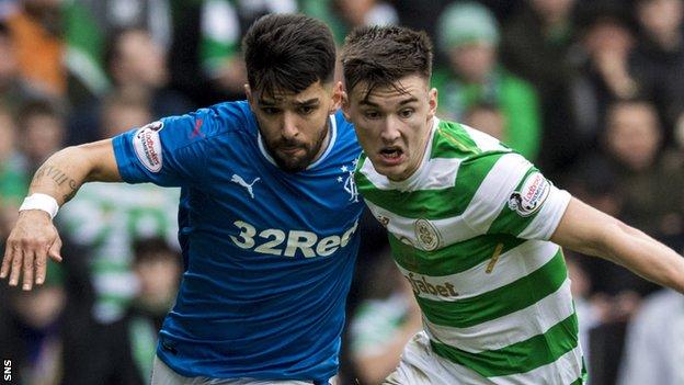 Celtic full-back Kieran Tierney (right) in action against Rangers