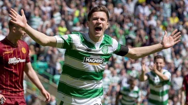 Jack Aitchison celebrates scoring for Celtic against Motherwell