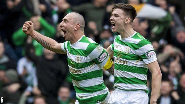 Scott Brown and Kieran Tierney celebrate Celtic's 3-2 victory at Ibrox in March