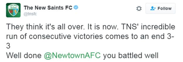 New Saints tweet about the result
