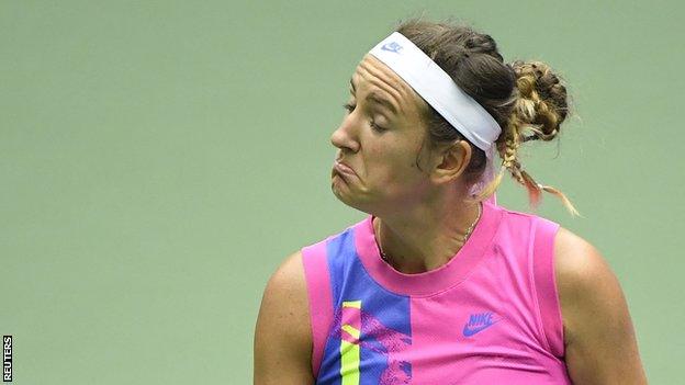 Victoria Azarenka responds to losing a point against Naomi Osaka in the US Open final