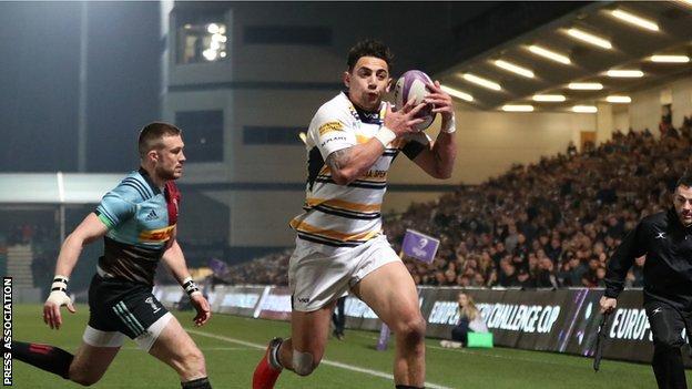 Bryce Heem scored Warriors' opening try in front of the East Stand in Saturday's European Challenge Cup quarter-final defeat by Harlequins at Sixways