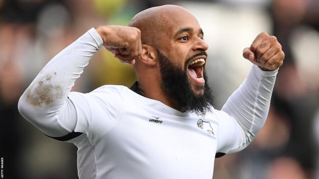 Derby's David McGoldrick celebrates scoring a goal