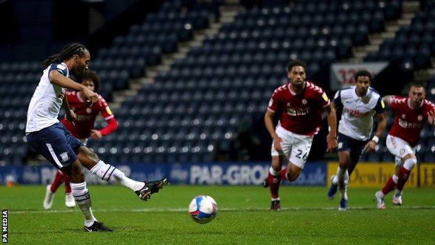 Daniel Johnson scores a penalty for Preston