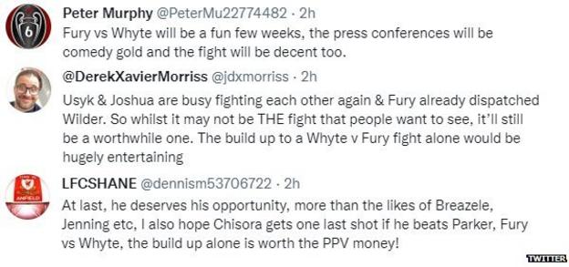 Fans on Twitter are excited about Tyson Fury potentially facing Dillian Whyte next. One fan says "the press conferences will be comedy gold".