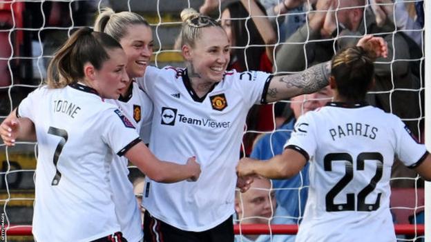 Leah Galton celebrates scoring Manchester United's first goal