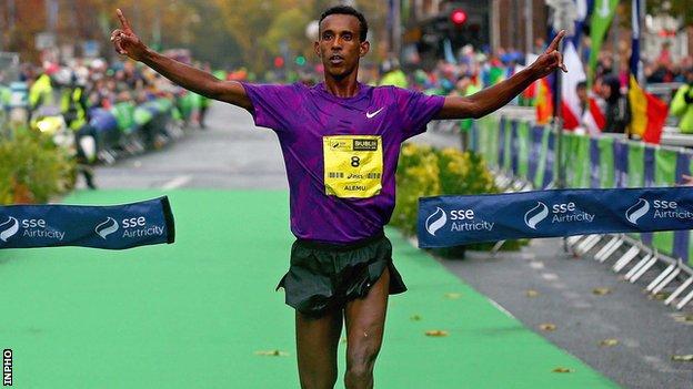 Alemu Gemechu crosses the line to win the Dublin Marathon