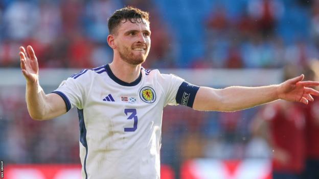 Scotland's Andy Robertson at full time during a UEFA Euro 2024 Qualifier match between Norway and Scotland at the Ullevaall Stadion