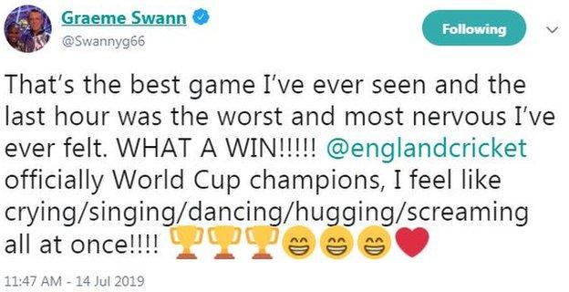 Graeme Swann tweet saying "I can’t remember feeling more excited about the day ahead since I got my blue bmx for Christmas when I was four. To be at Lord's watching the most exciting England team ever tussle with the Black Caps for the World Cup will be incredible! good luck lads!"