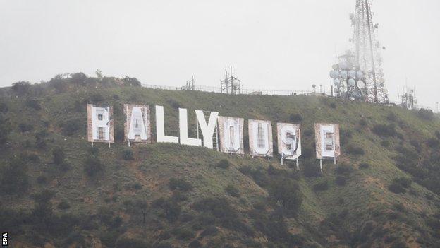 The Hollywood sign in the process of being temporarily converted to read 'Rams House' in honour of the Los Angeles Rams' Super Bowl win