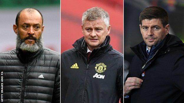 Wolves manager Nuno Espirito Santo (left), Manchester United manager Ole Gunnar Solskjaer (centre) and Rangers boss Steven Gerrard