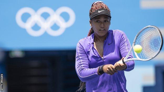 Naomi Osaka training on Center Court at the Ariake Tennis Park