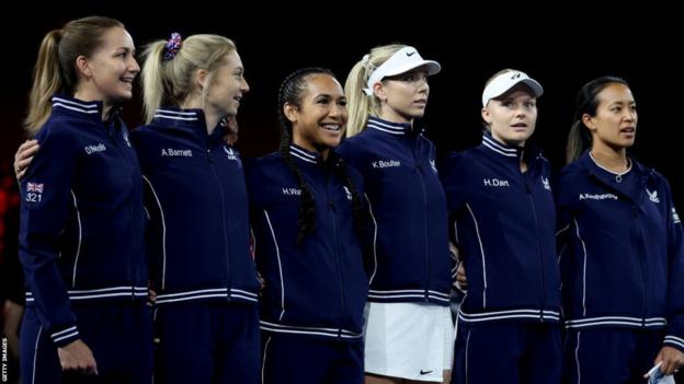 Great Britain's squad line up before their BJK Cup tie against France in April 2023