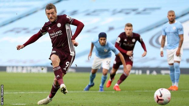 Jamie Vardy completes his hat-trick against Manchester City
