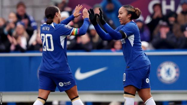 Lauren James of Chelsea celebrates with Sam Kerr