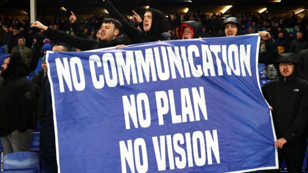 Everton fans protest against the club's ownership at Goodison Park