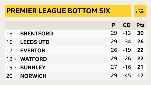 Everton are 17th and only out of the bottom three on goal difference following Watford's win at Southampton