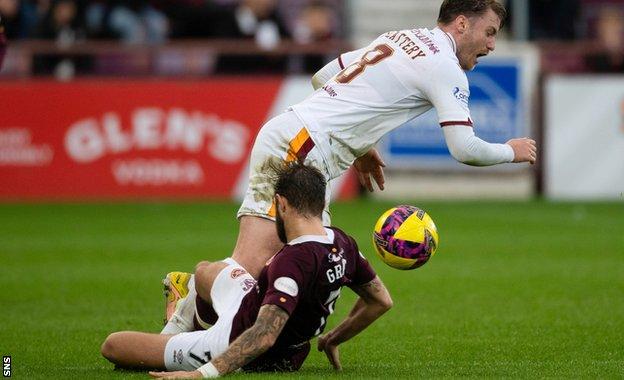 Hearts' Jorge Grant tackles Motherwell's Callum Slattery