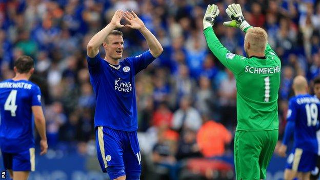 Robert Huth celebrates after Leicester retain their Premier League status