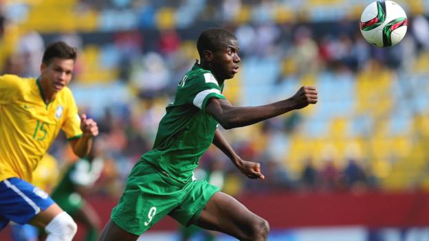 Victor Osimhen chases the ball in a 2015 Under-17 World Cup game against Brazil