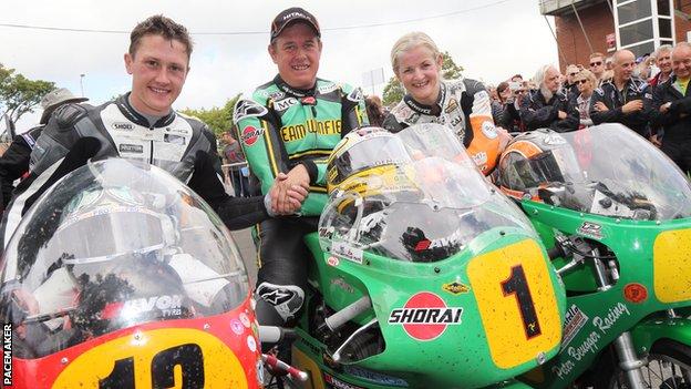 Maria Costello at the Classic TT with Dean Harrison and John McGuinness
