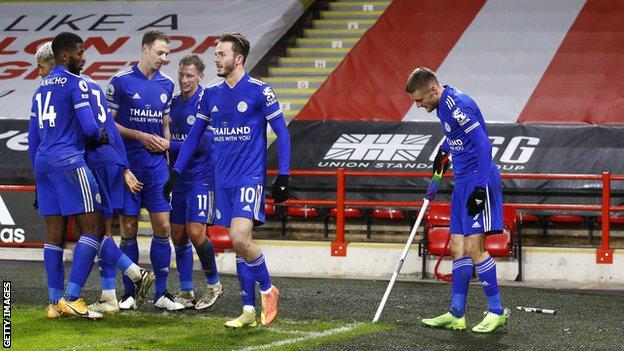 Jamie Vardy replaces corner flag after goal celebrations against Sheffield United