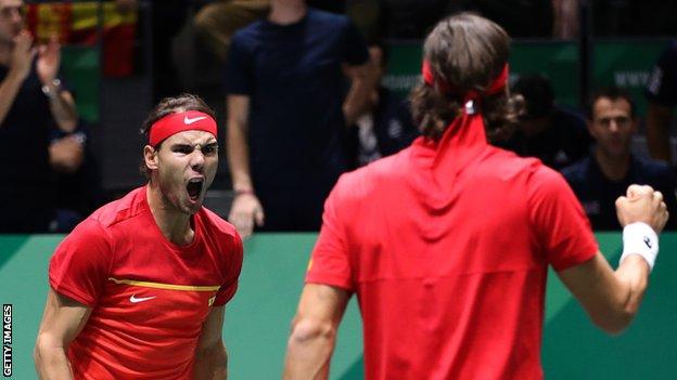 Spain's Rafael Nadal and Feliciano Lopez celebrate beating Great Britain at the 2019 Davis Cup Finals