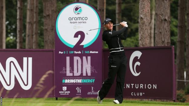 Charlie Hull plays a tee shot at the Aramco Team Series event in London.