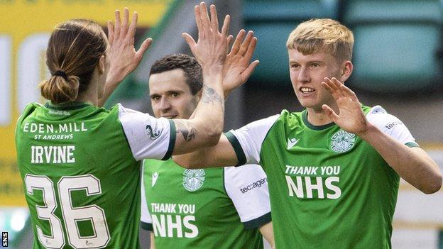 Josh Doig (right) celebrates with Hibs