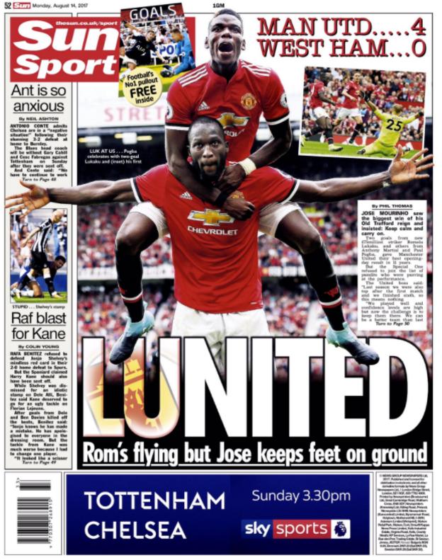 The Sun lead with Romelu Lukaku's influence in Manchester United's 4-0 victory over West Ham